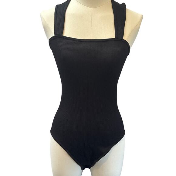 Womens Black Ribbed Sleeveless Bodysuit With Square Neck - Picture 1 of 3